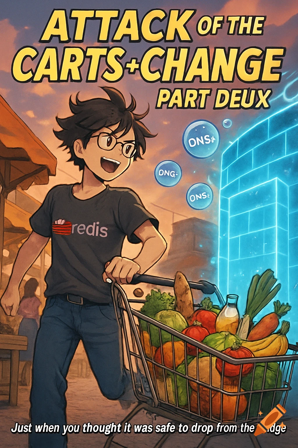 An anime character, a boy with glasses and a black shirt, pushes a shopping cart full of groceries past a glowing blue firewall. Text reads "ATTACK OF THE CARTS+CHANGE PART DEUX" and "Just when you thought it was safe to drop from the bridge."