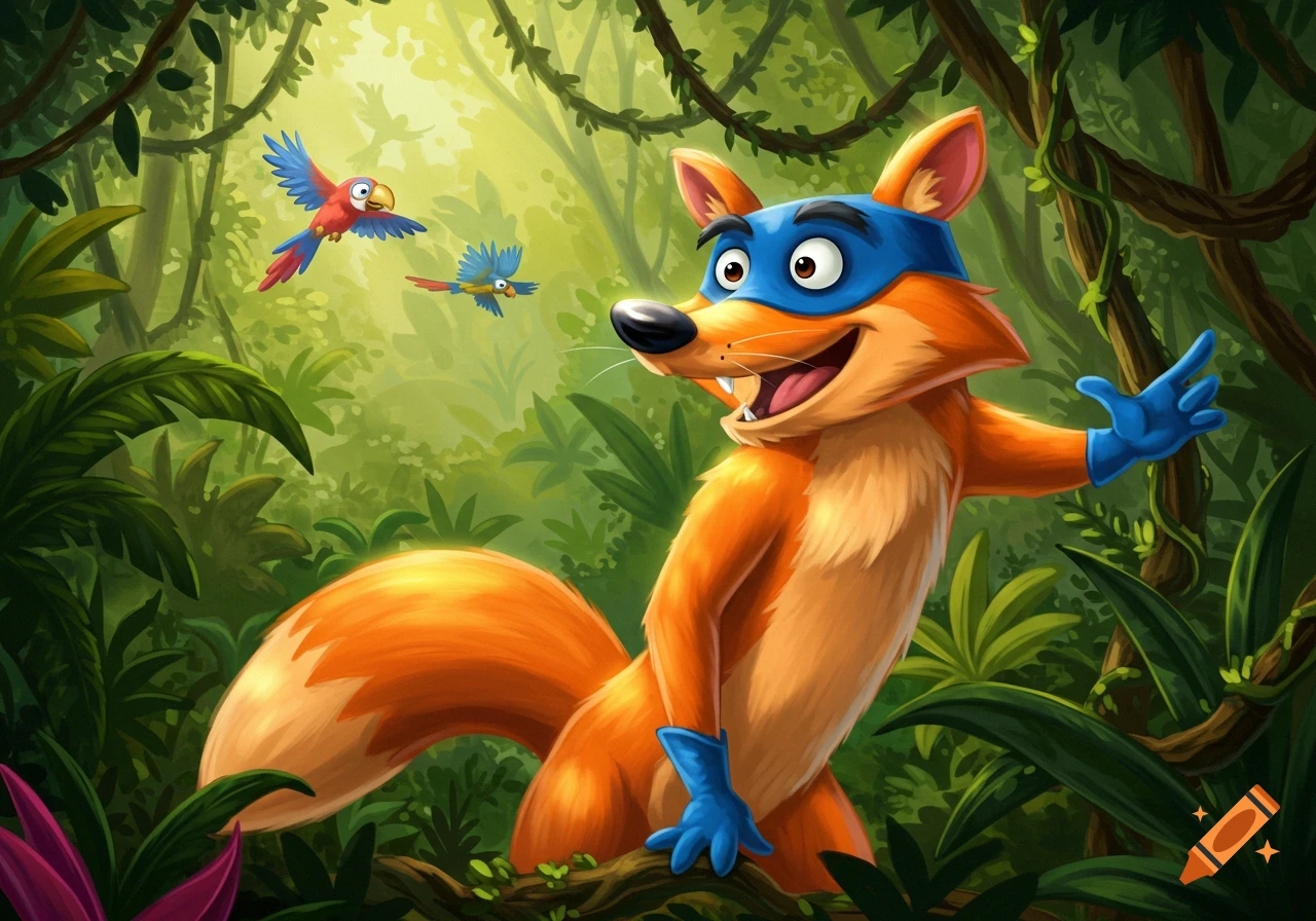 A cartoon fox wearing a blue superhero mask and gloves stands smiling in a vibrant jungle with two parrots flying.