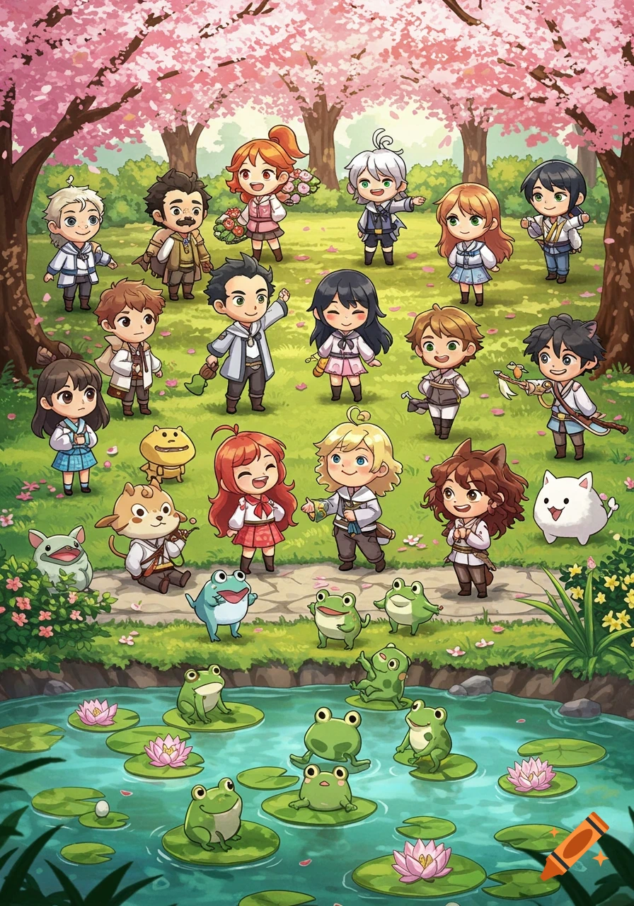 An anime-style illustration of many chibi characters and cute frogs in a park with cherry blossom trees and a lily pad pond.