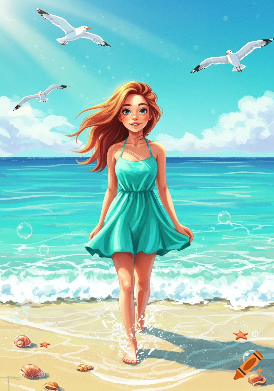 A vibrant illustration of a smiling girl with red hair in a teal dress walking on a sunny beach, with seagulls flying overhead.