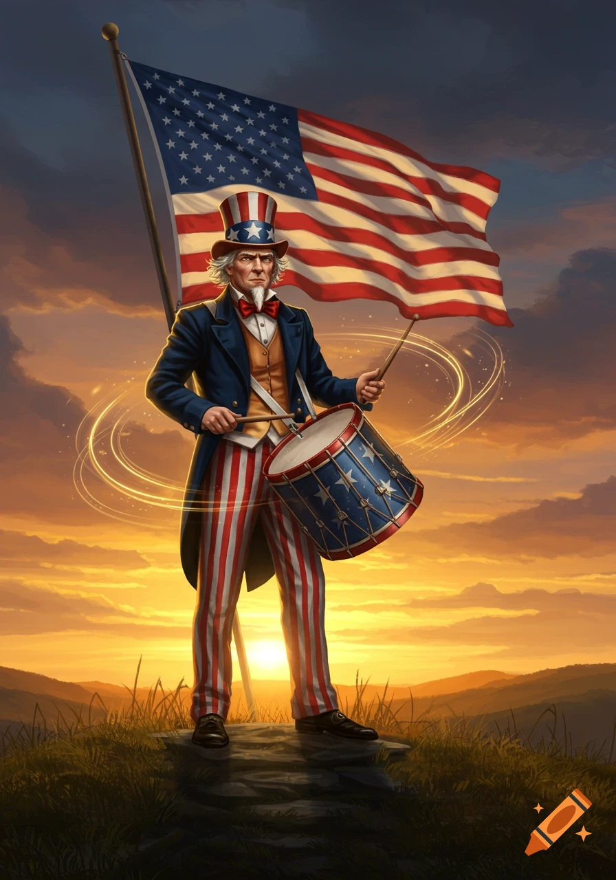Uncle Sam stands on a hill with an American flag, holding a drum and drumsticks at sunset.