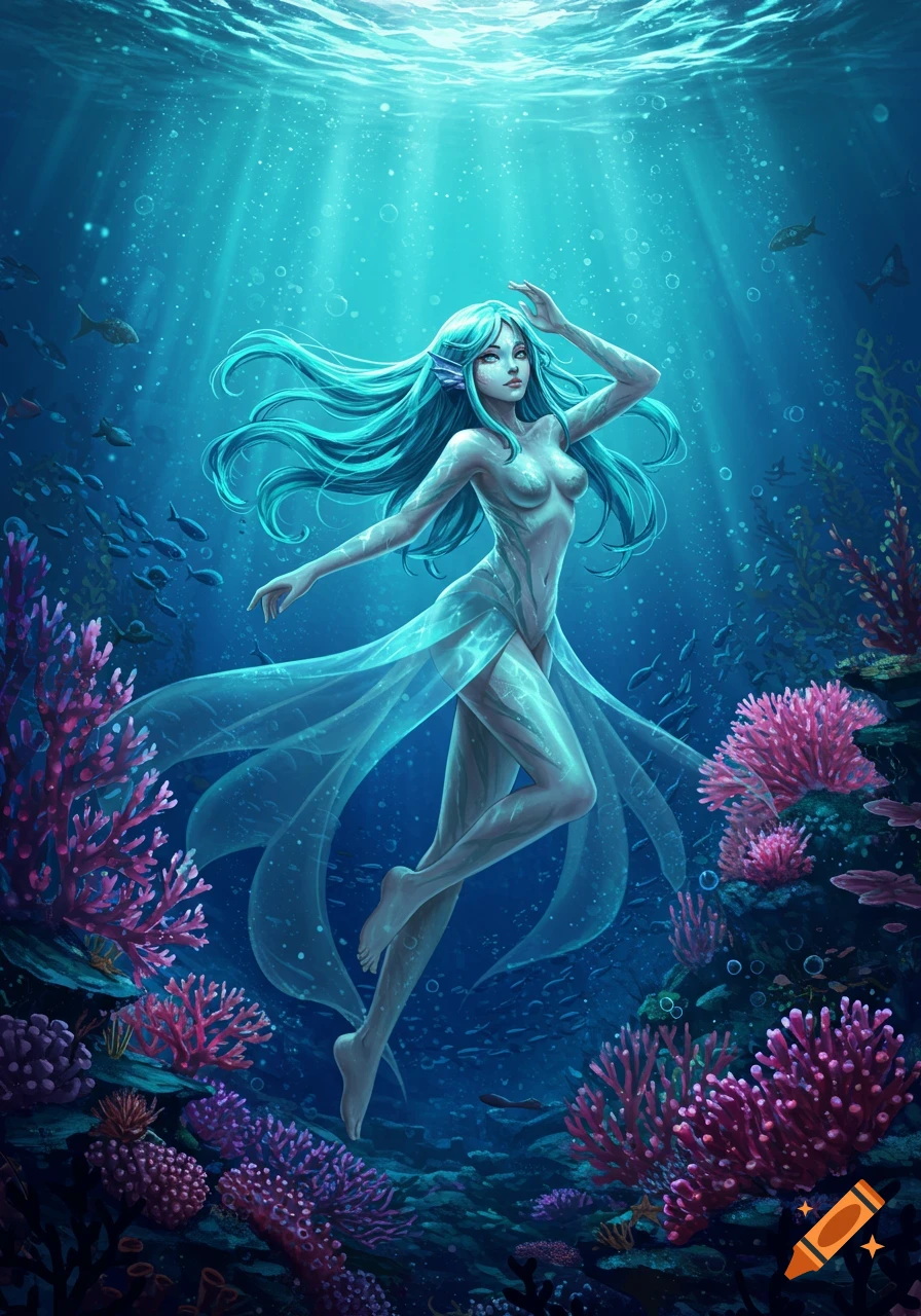 An ethereal blue-haired water spirit with translucent skin and flowing fabric floats gracefully in a vibrant underwater coral reef, illuminated by sunlight.
