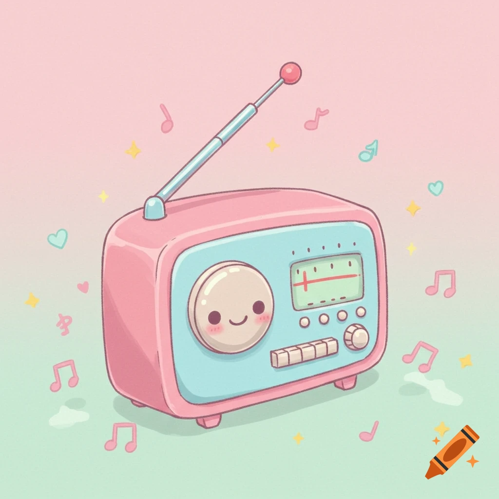 A cute, pastel pink and blue cartoon radio with a smiling face, surrounded by floating musical notes and hearts on a gradient background.