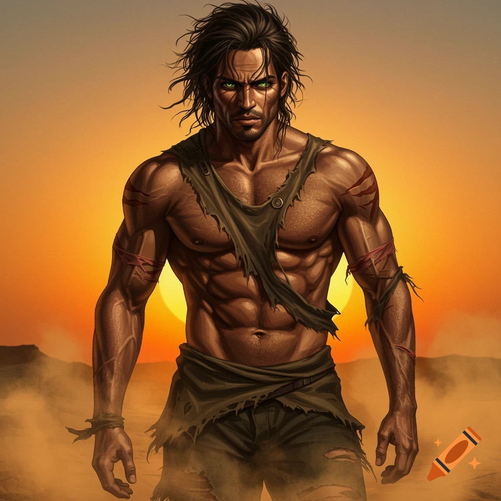 A rugged, muscular man with long dark hair and green eyes stands in a desert at sunset. Stylized.