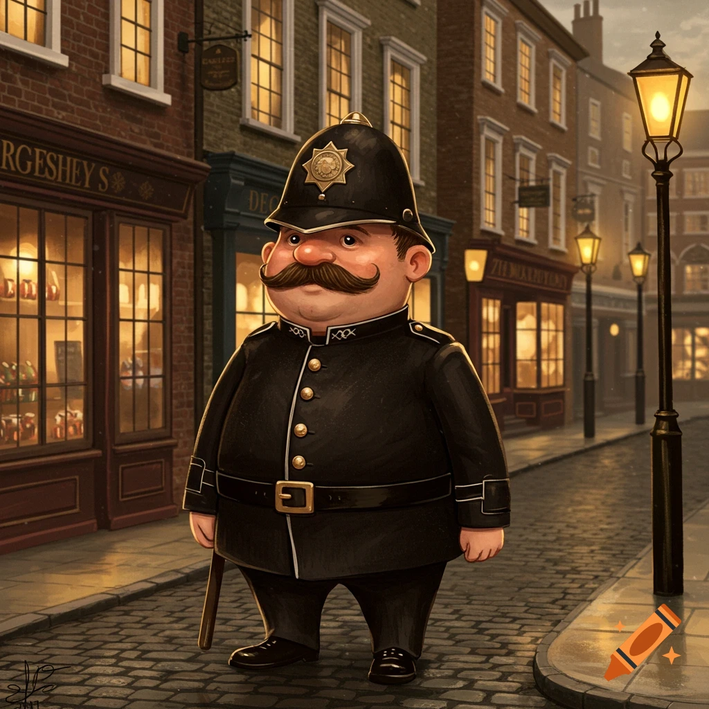 A cartoon British policeman stands on a cobblestone street in front of lamplit buildings at night.