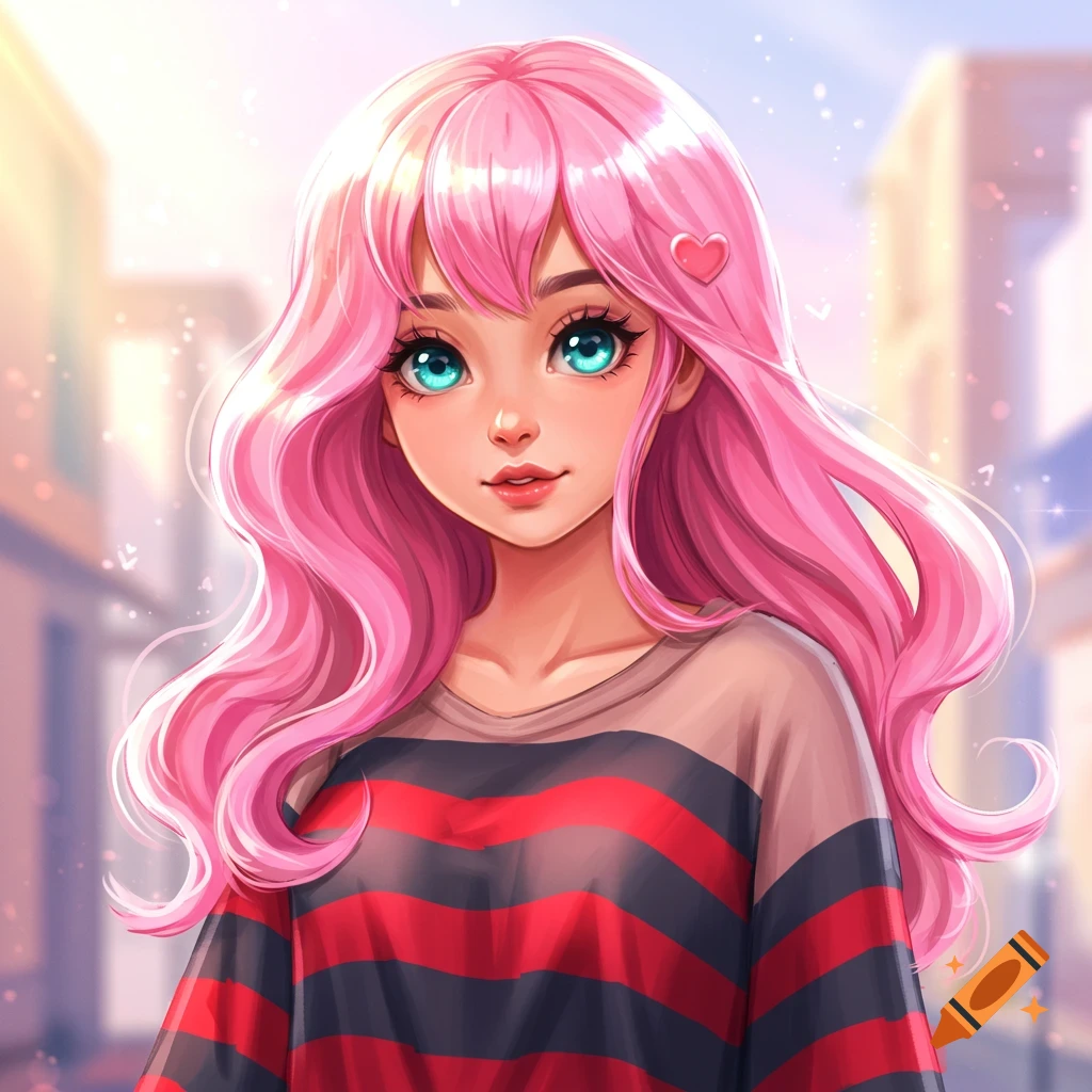 Close-up portrait of an anime girl with long, wavy pink hair, bright blue eyes, and a red and black striped shirt.