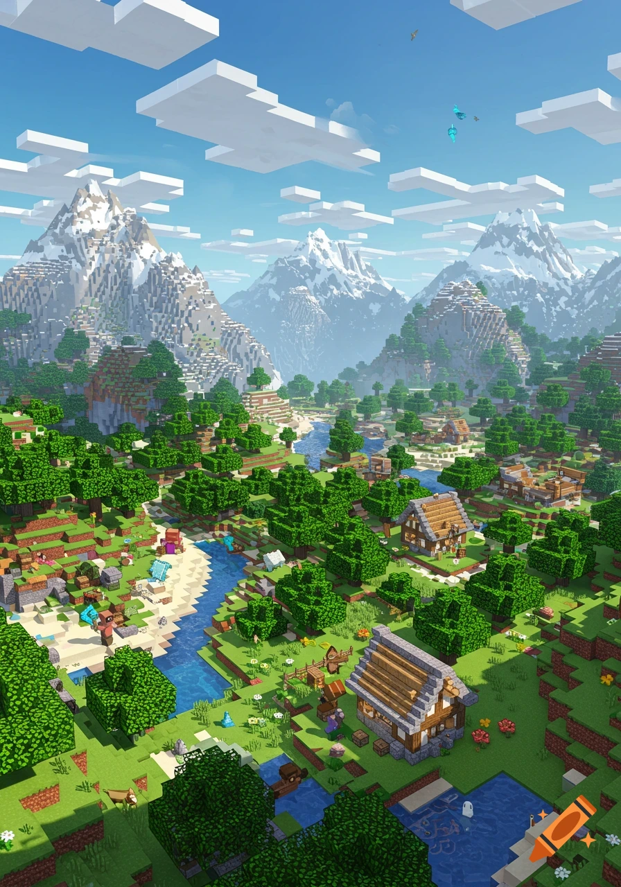 A vibrant, detailed Minecraft landscape with snowy mountains, a winding river, dense forests, a sandy beach, and a village.
