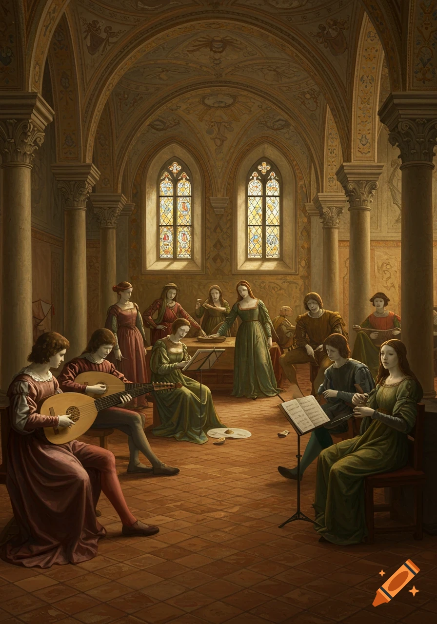 A group of people in Renaissance attire play musical instruments like lutes and flutes in an ornate hall with arched ceilings and stained glass windows, in a classical painting style.