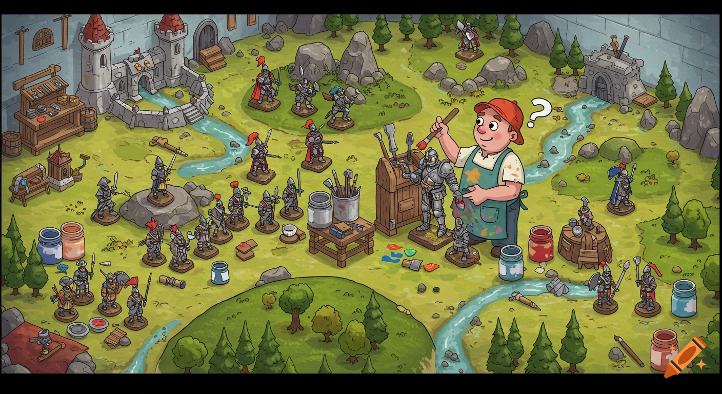 A cartoon man paints miniature knight figures in a detailed landscape with a castle, trees, and other game terrain elements.