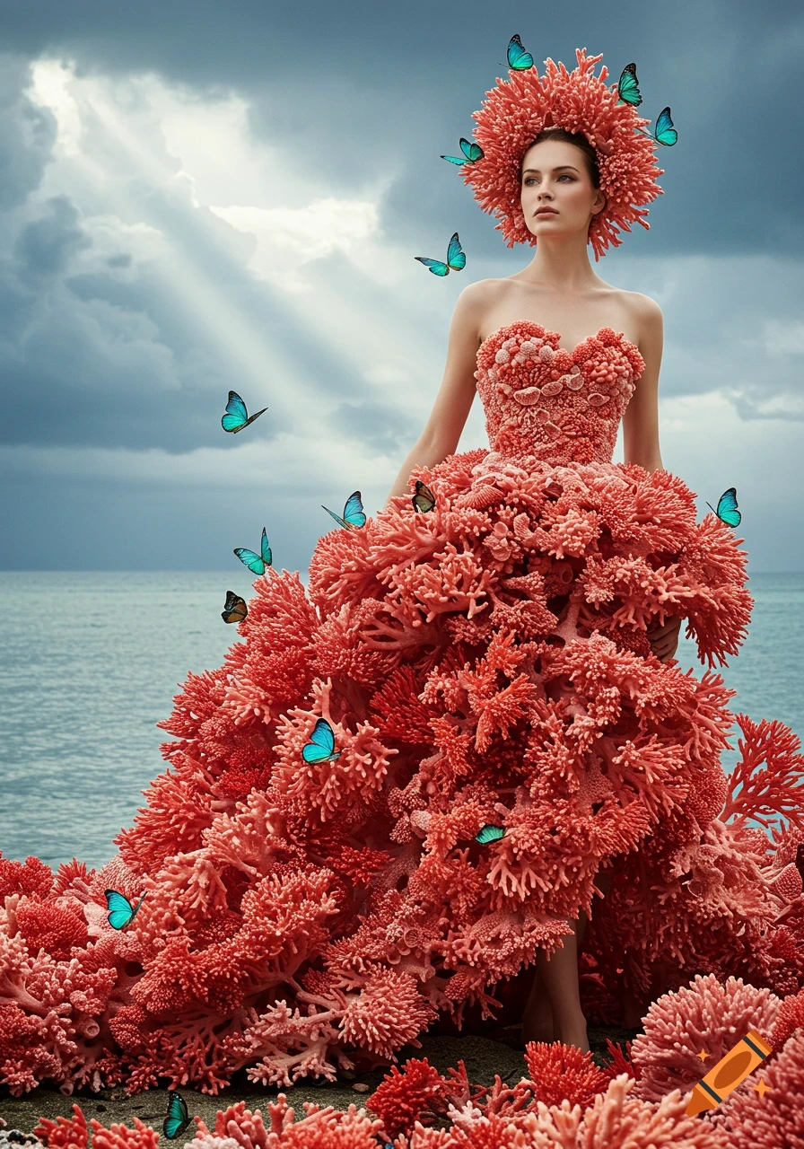 A woman wearing an elaborate dress made of red coral, adorned with blue butterflies, stands by the ocean under a cloudy sky.