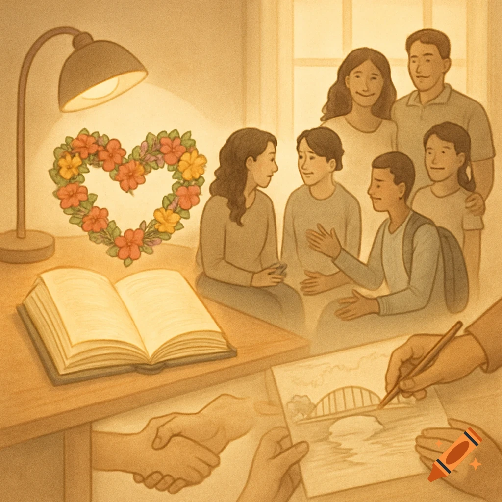 An illustration of a family and friends, with scenes of reading, drawing, and a handshake, symbolizing learning and support.