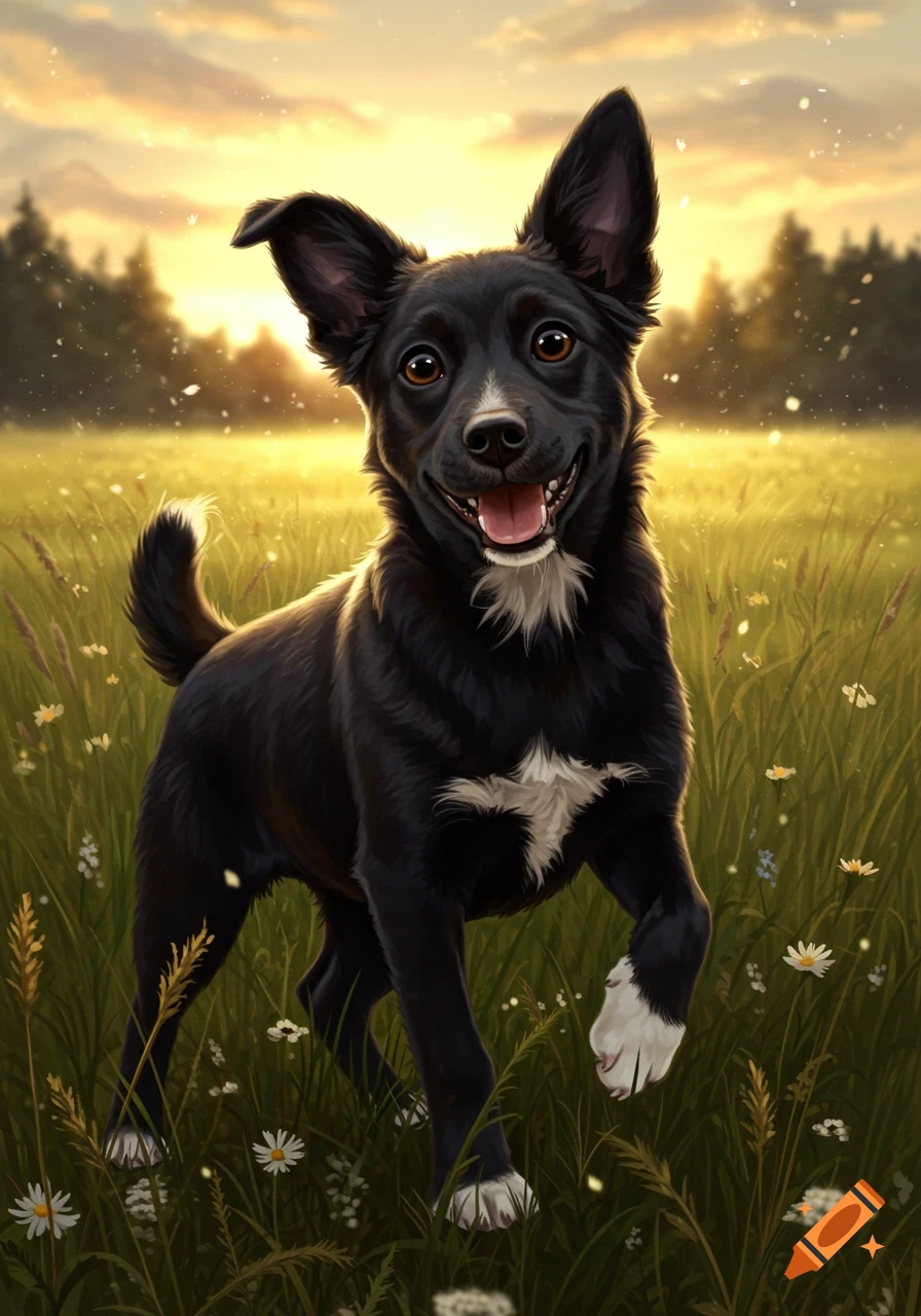 A happy black dog with white paws and chest markings stands in a sunlit green field with wildflowers at sunset.