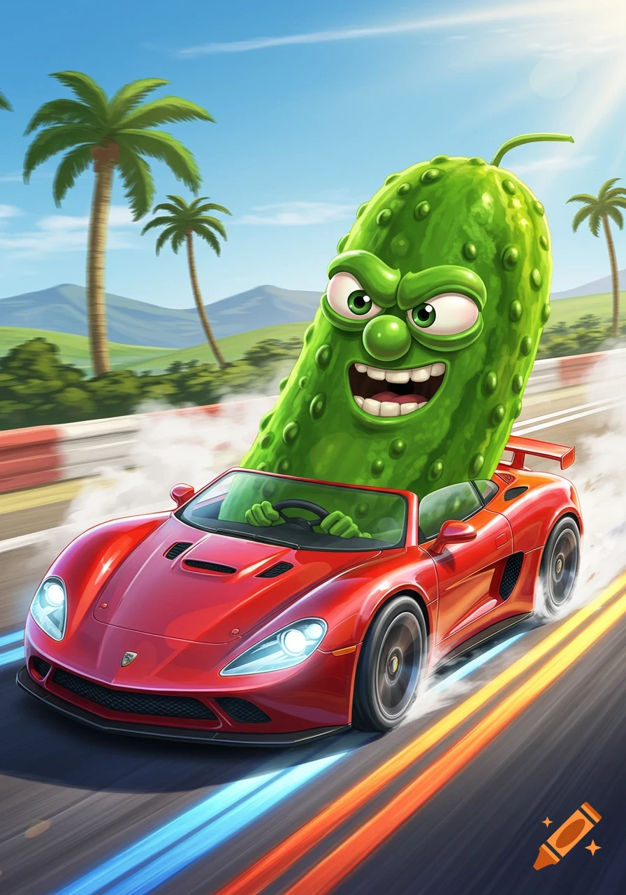 A vibrant cartoon illustration of a grumpy green pickle driving a red race car at high speed on a track with palm trees.
