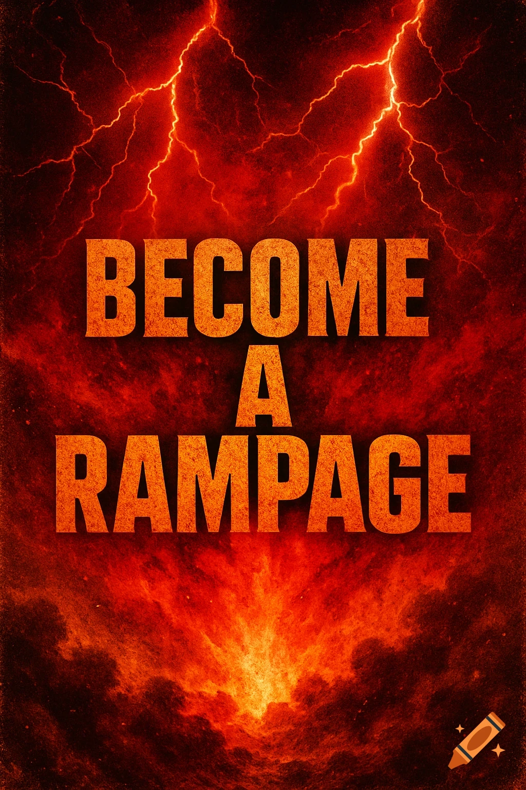 A poster with the words 'BECOME A RAMPAGE' in orange text against a dark red, fiery, and stormy background with lightning.