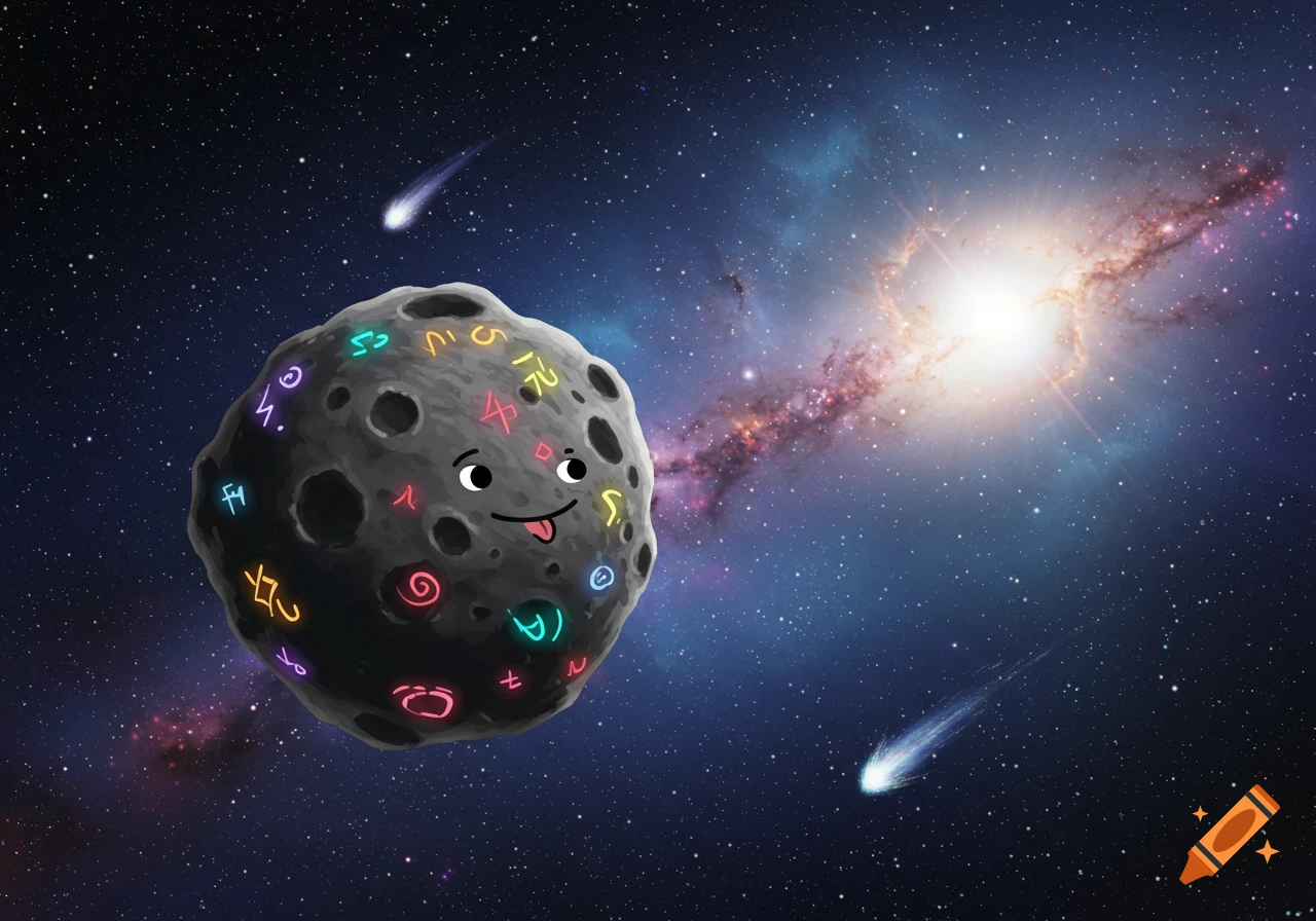 A cartoon asteroid with a derpy face and glowing, colorful, illegible symbols on its surface floats in space near a bright galaxy and two comets.