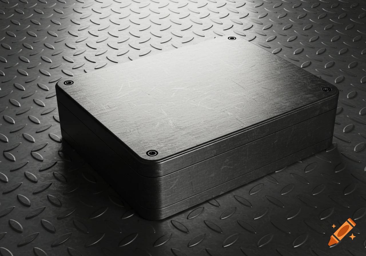 A metallic rectangular box with screws on top sits on a diamond plate metal surface in a close-up, photorealistic style.