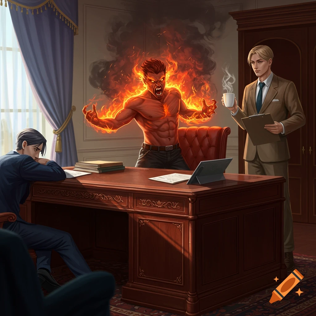 Three men in an office: one on fire, one slumped over a desk, and one calmly holding coffee and a clipboard. Digital art style.