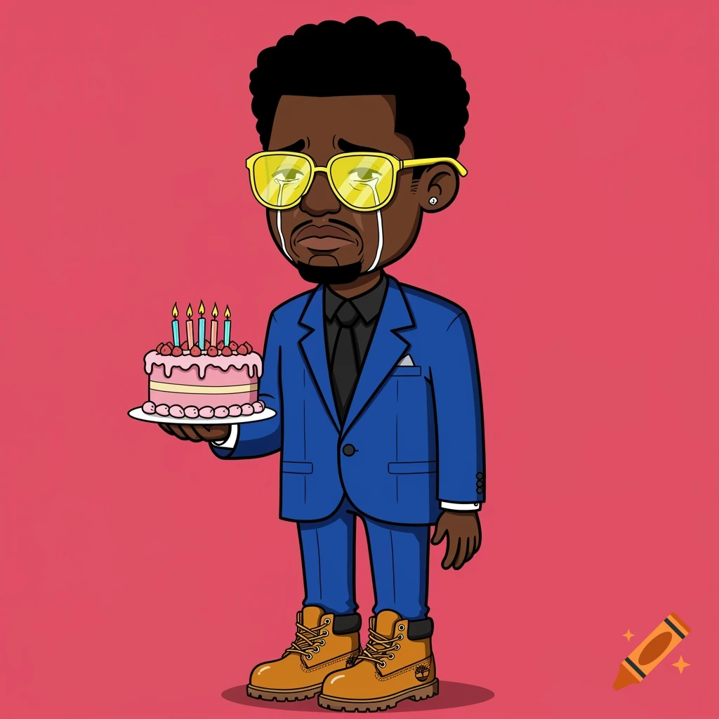 A cartoon Black man in a blue suit, yellow sunglasses, and Timberland boots, tearfully holding a pink birthday cake with candles, on a pink background.
