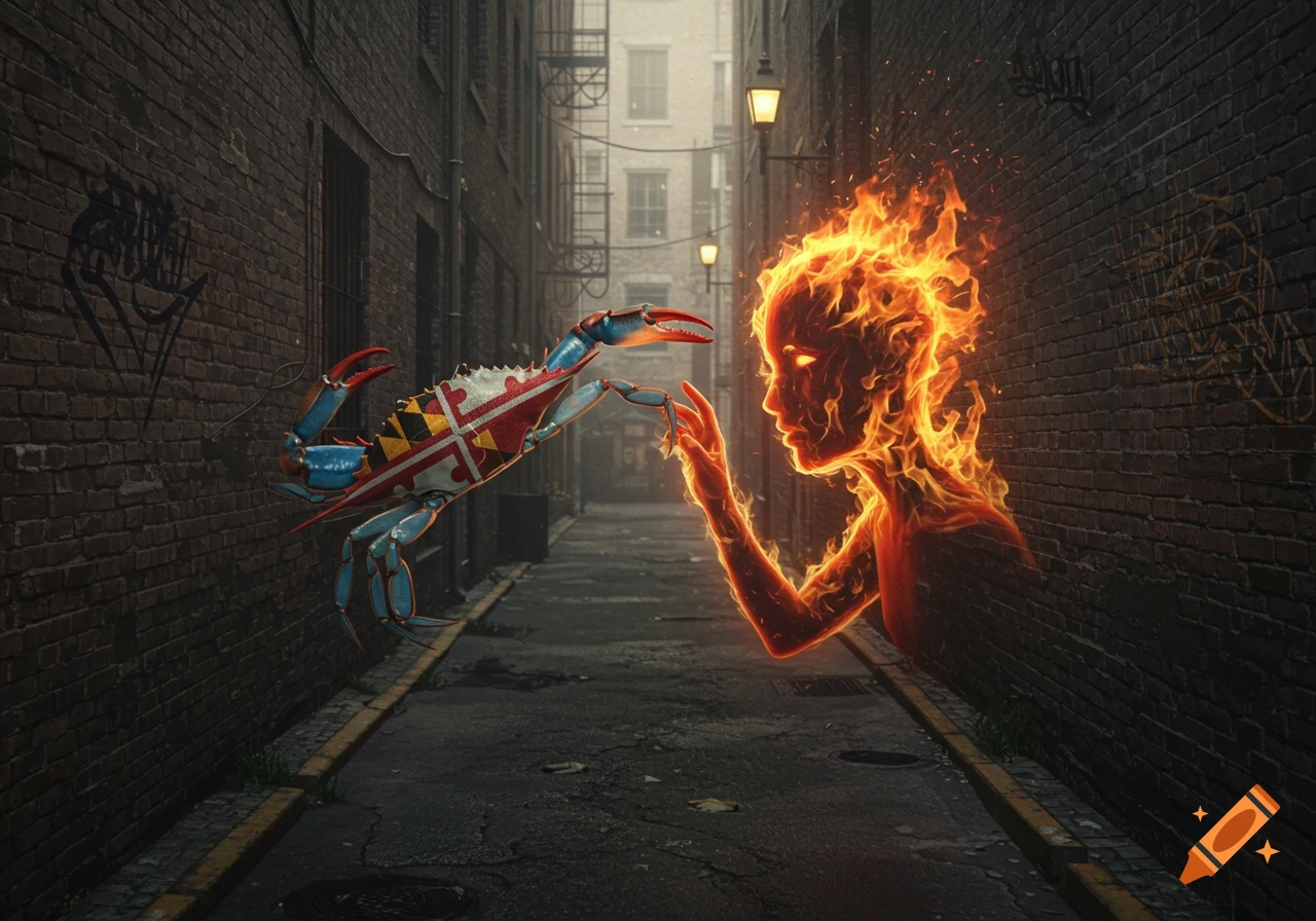 A fiery humanoid figure touches a crab painted with the Maryland flag in a dark alley at night.