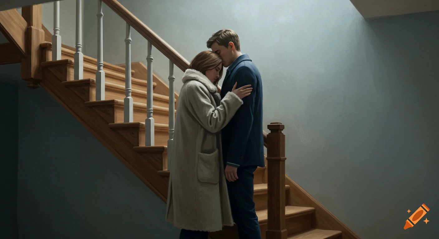 A woman in a coat tenderly embraces a man on a wooden staircase in a dimly lit, naturalistic realist scene.