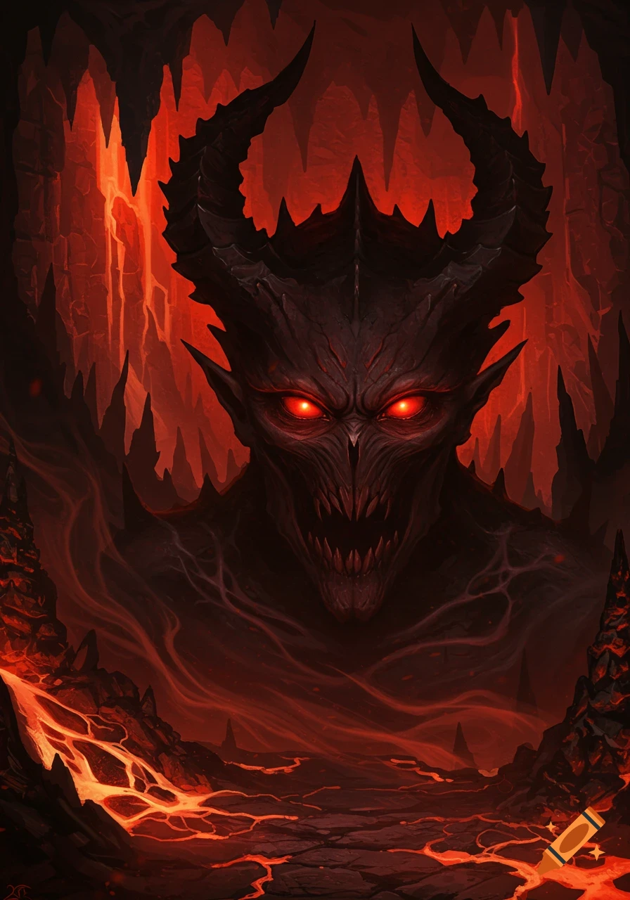 A dark, menacing demon with glowing red eyes emerges from a fiery, lava-filled hellscape in a digital painting.