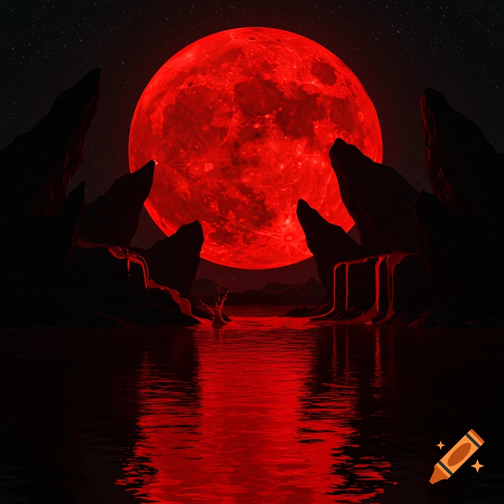 A striking, surreal landscape featuring a massive red moon over dark, jagged rock formations and a reflective red body of water.