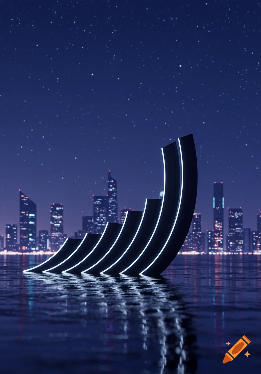 Abstract glowing white lines form a rising curve in water with a city skyline at night under a starry sky.