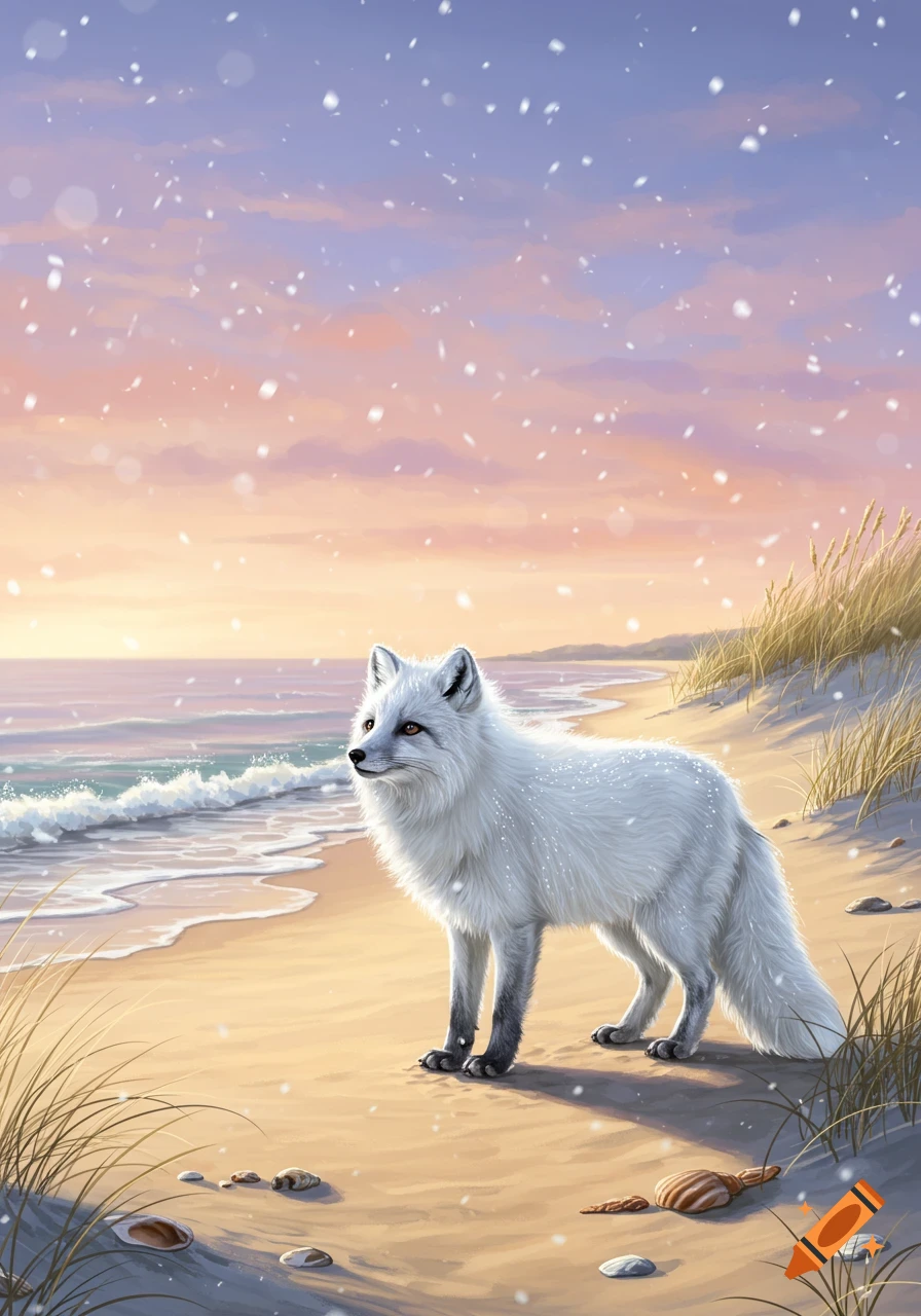 A white fox stands on a sandy beach as snow falls under a colorful sunset sky.