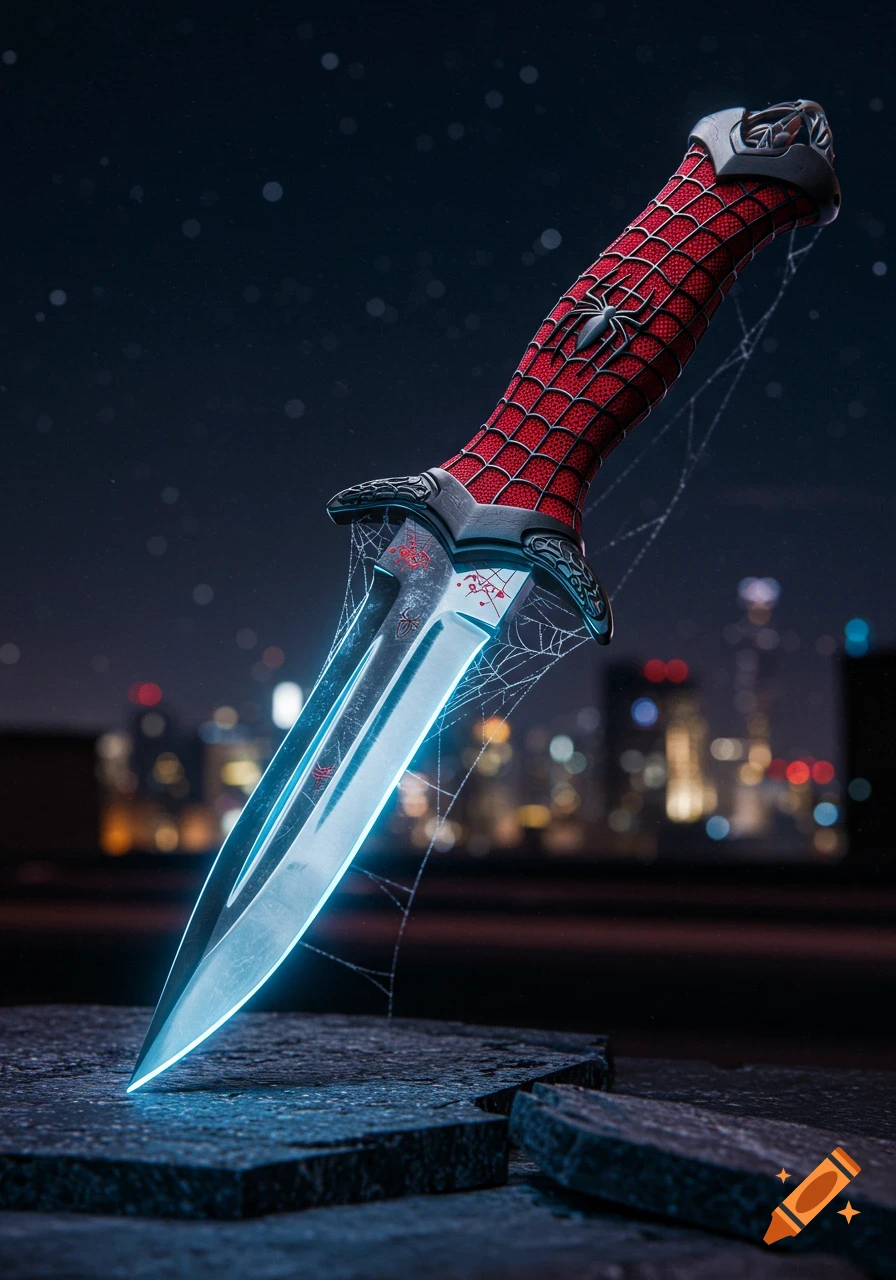 A glowing blue Spider-Man themed dagger stands upright on a dark stone surface with a blurred city skyline at night.