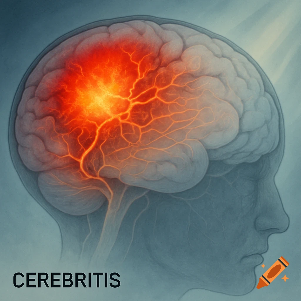 An illustration of a human head in profile, showing a brain with a glowing red inflamed area and the word 'CEREBRITIS'.