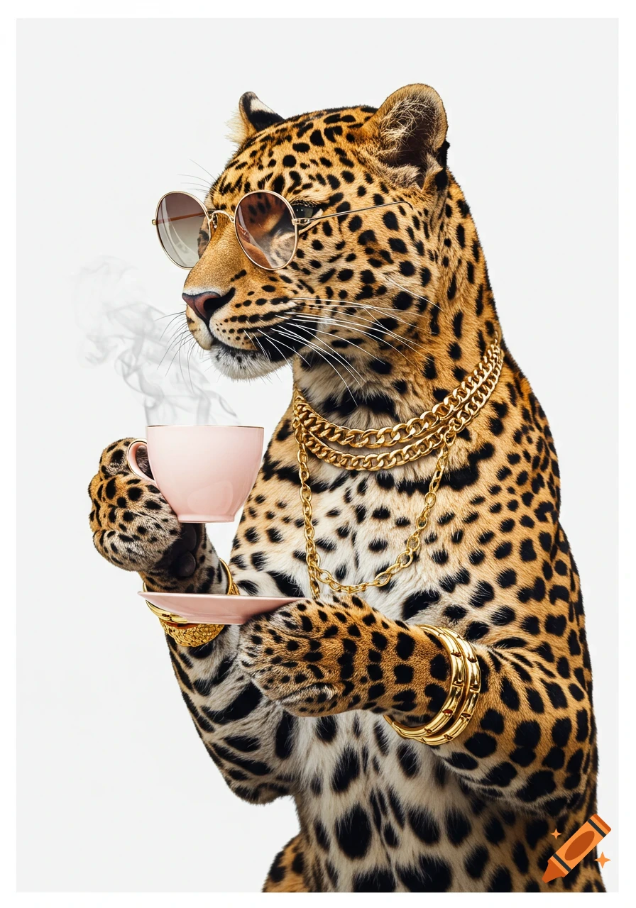 Realistic photograph of a leopard wearing sunglasses and gold jewelry, holding a pink teacup, against a white background.