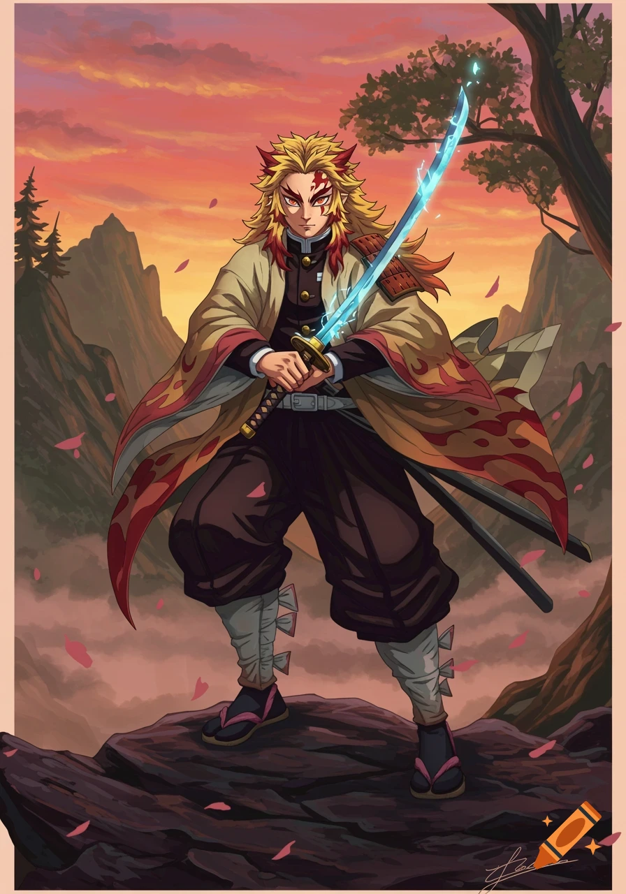 An anime character with spiky yellow hair and a kimono stands on rocks, holding a glowing blue sword. Mountains and a sunset sky are behind him.