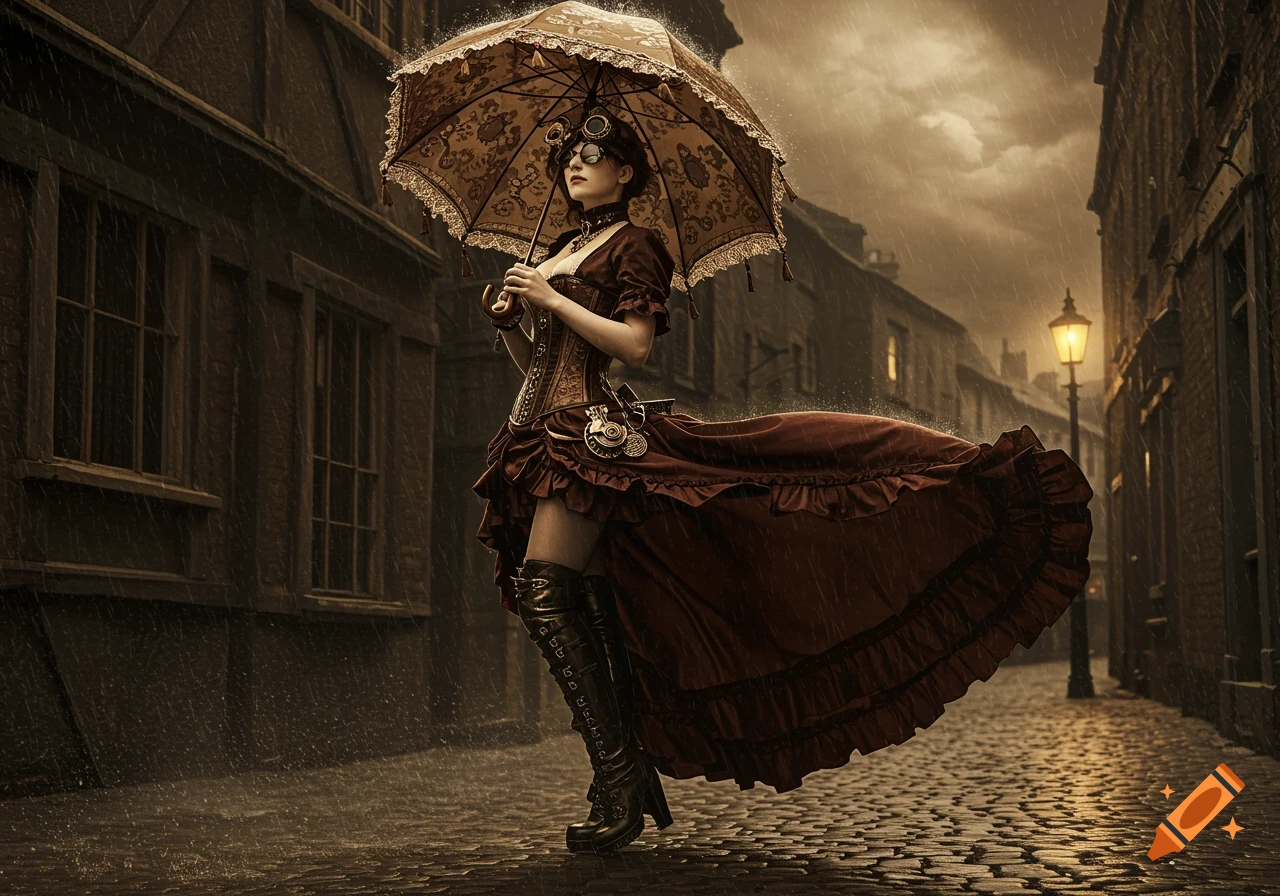 A steampunk woman with an umbrella stands on a wet cobblestone street in the rain at night, illuminated by a streetlamp.