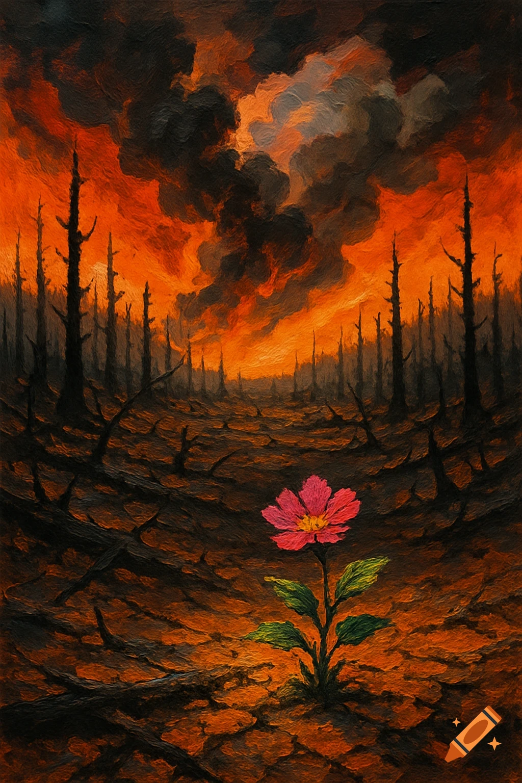 Acrylic painting of a pink flower growing in a desolate, scorched landscape under an orange, smoky sky.