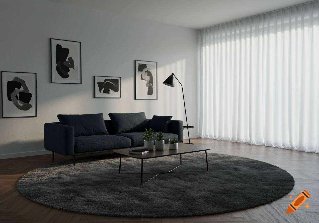 A minimalist living room with a dark gray sofa, a rectangular coffee table with small potted plants, a large circular gray rug on a parquet floor, and four framed abstract black and white art prints on a white wall. Bright white sheer curtains cover a large window on the right, with natural light streaming in.