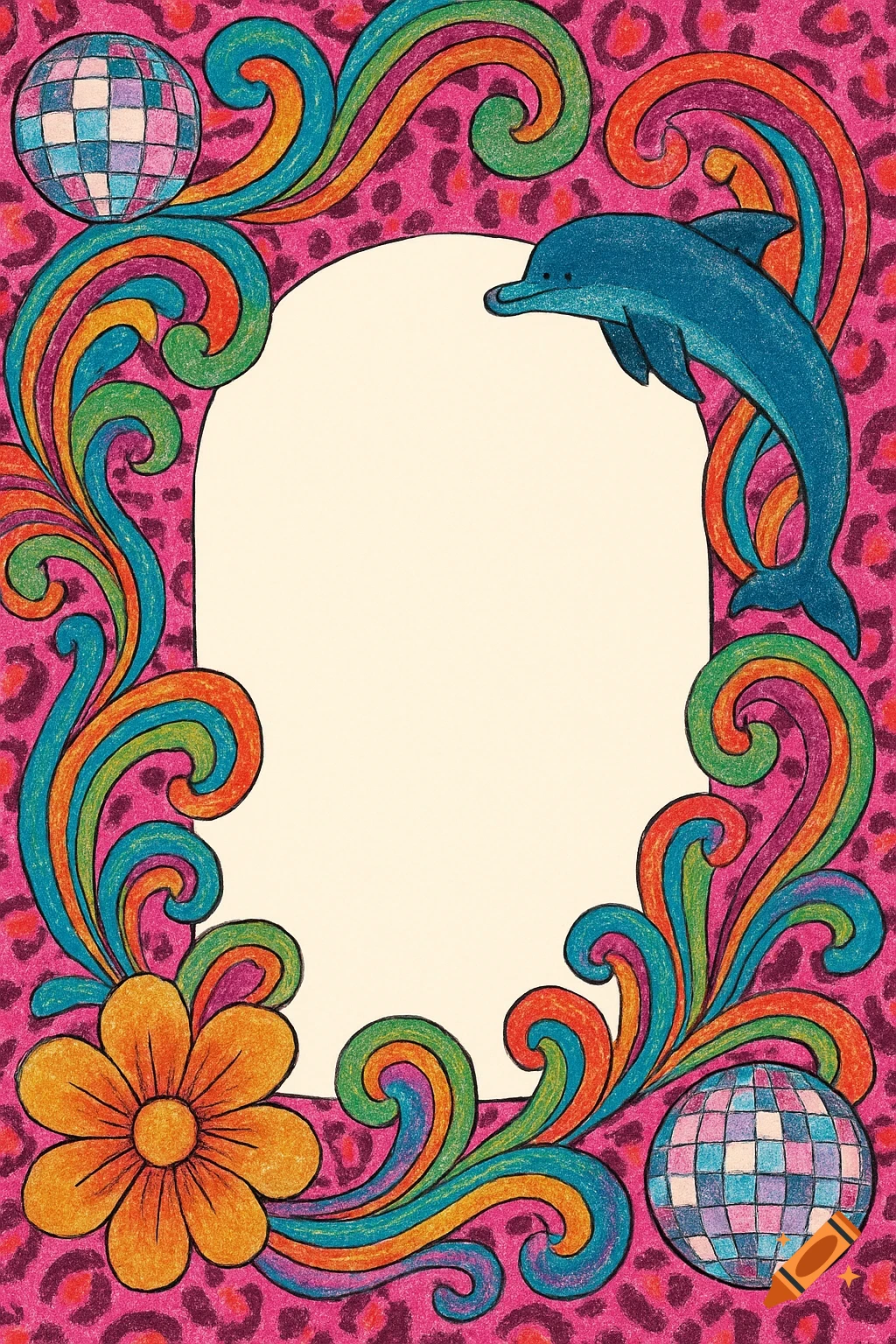A colorful retro border featuring a blue dolphin, an orange flower, disco balls, rainbow paisley swirls, and pink cheetah print, with a blank center space.