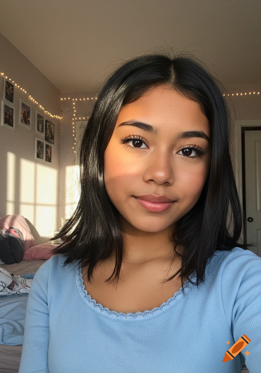 Close-up selfie of a young woman with dark hair, looking at the camera, with sunlight casting shadows in her room.