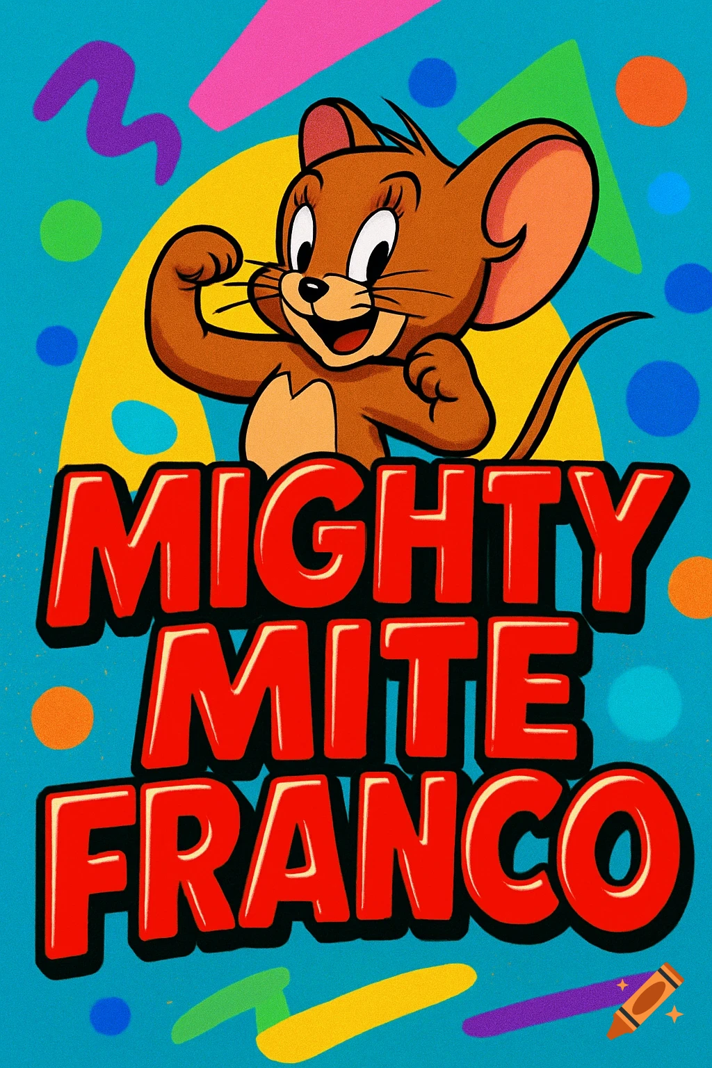 Jerry the mouse flexing against a vibrant 90s background with abstract shapes. Red text 'MIGHTY MITE FRANCO' is prominent.