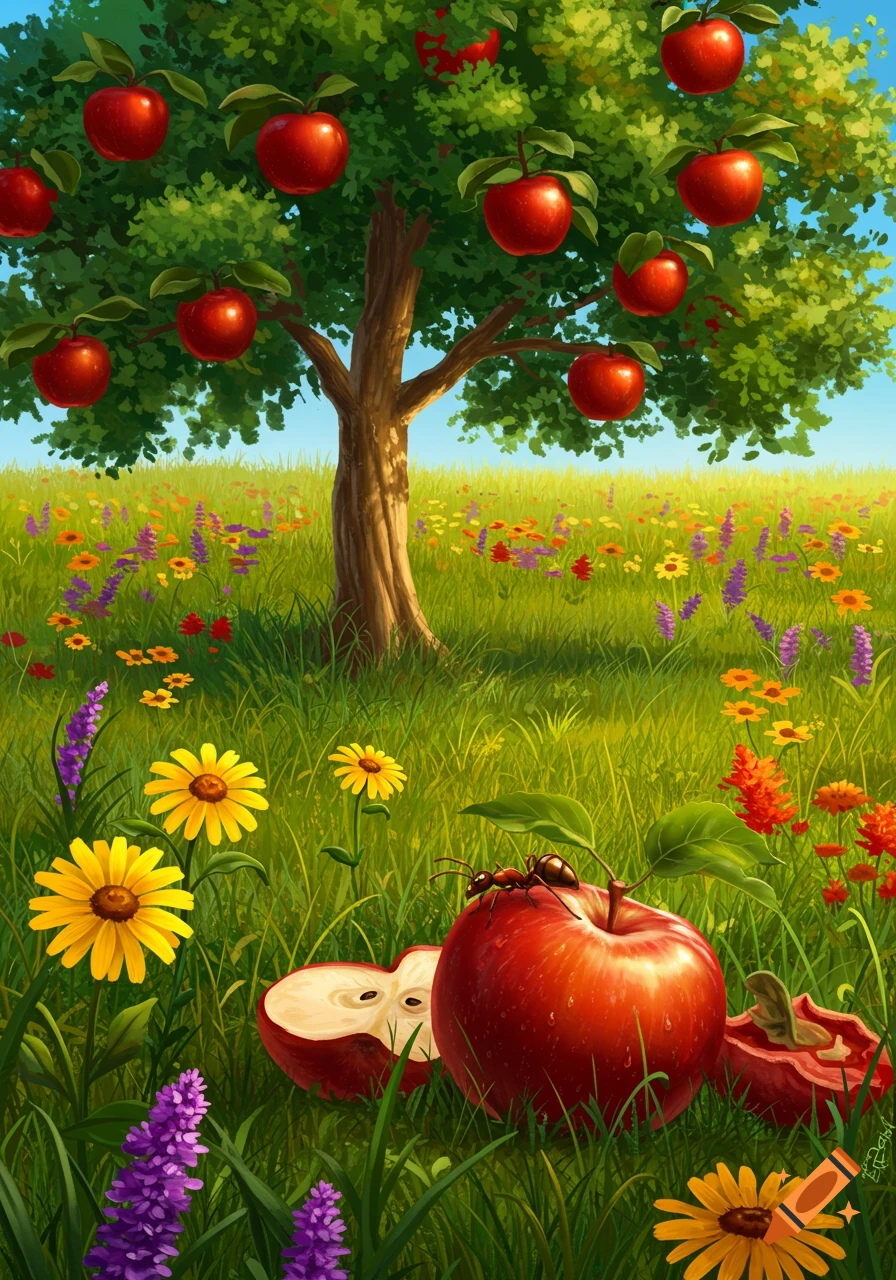 A vibrant green meadow with an apple tree full of red apples under a clear blue sky. An ant crawls on a fallen apple in the foreground, surrounded by colorful wildflowers.