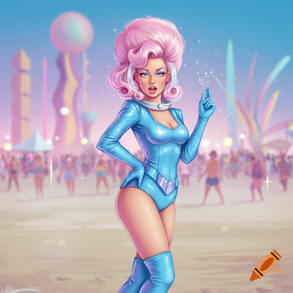 Glamorous woman with pink bouffant hair in a shiny blue retro-futuristic bodysuit and boots, posing at a vibrant festival.