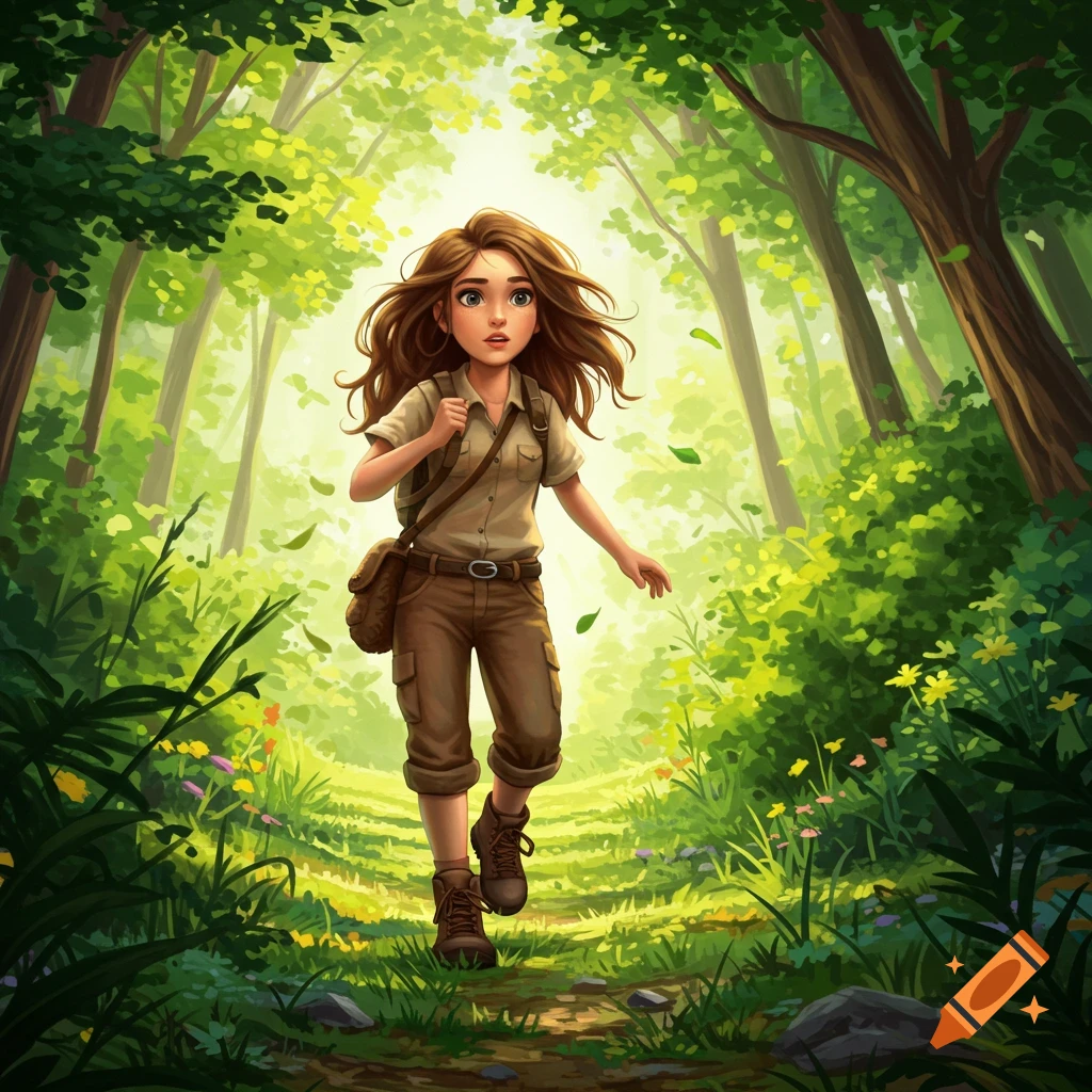 An animated girl with a backpack treks through a vibrant, sunlit forest path.