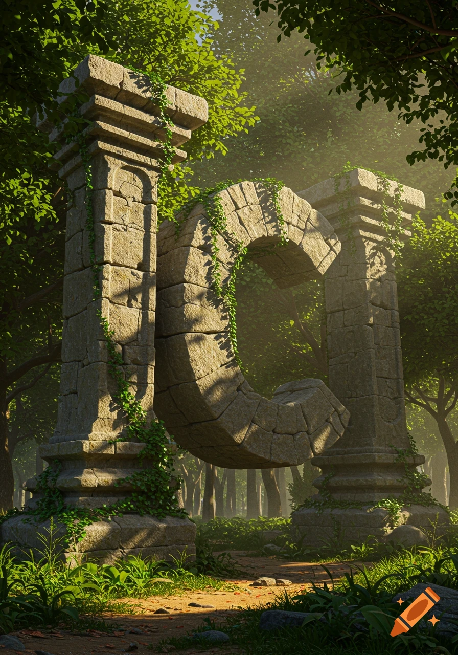 Photorealistic image of ancient stone letters 'I' and 'C' forming an archway, overgrown with vines, in a lush, sunlit forest.