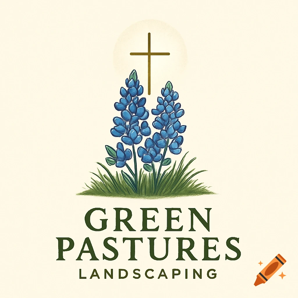 A logo for Green Pastures Landscaping featuring bluebonnet flowers, green grass, and a golden cross with a halo, with text below.