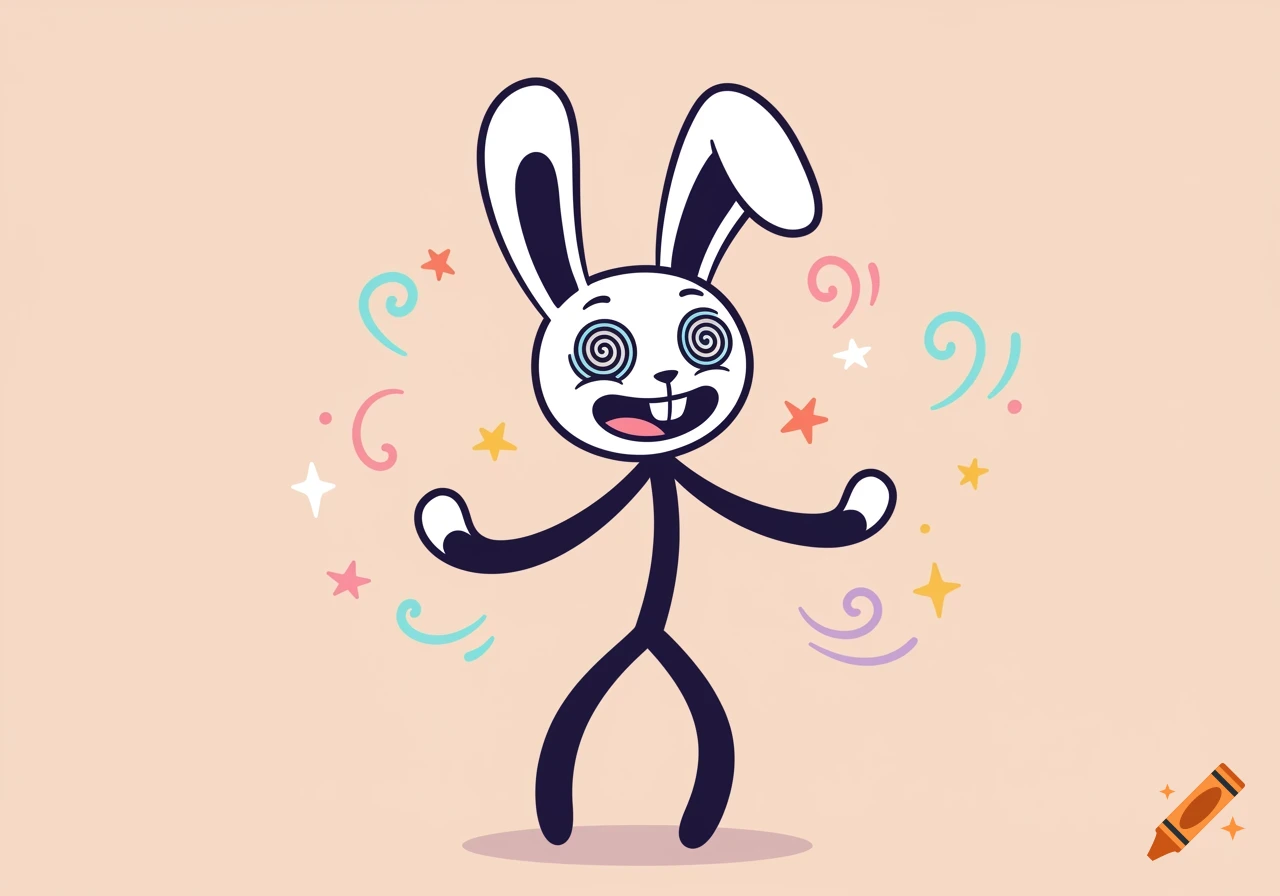 A happy cartoon rabbit with a stickman body and swirly eyes, surrounded by colorful stars and swirls on a light background.