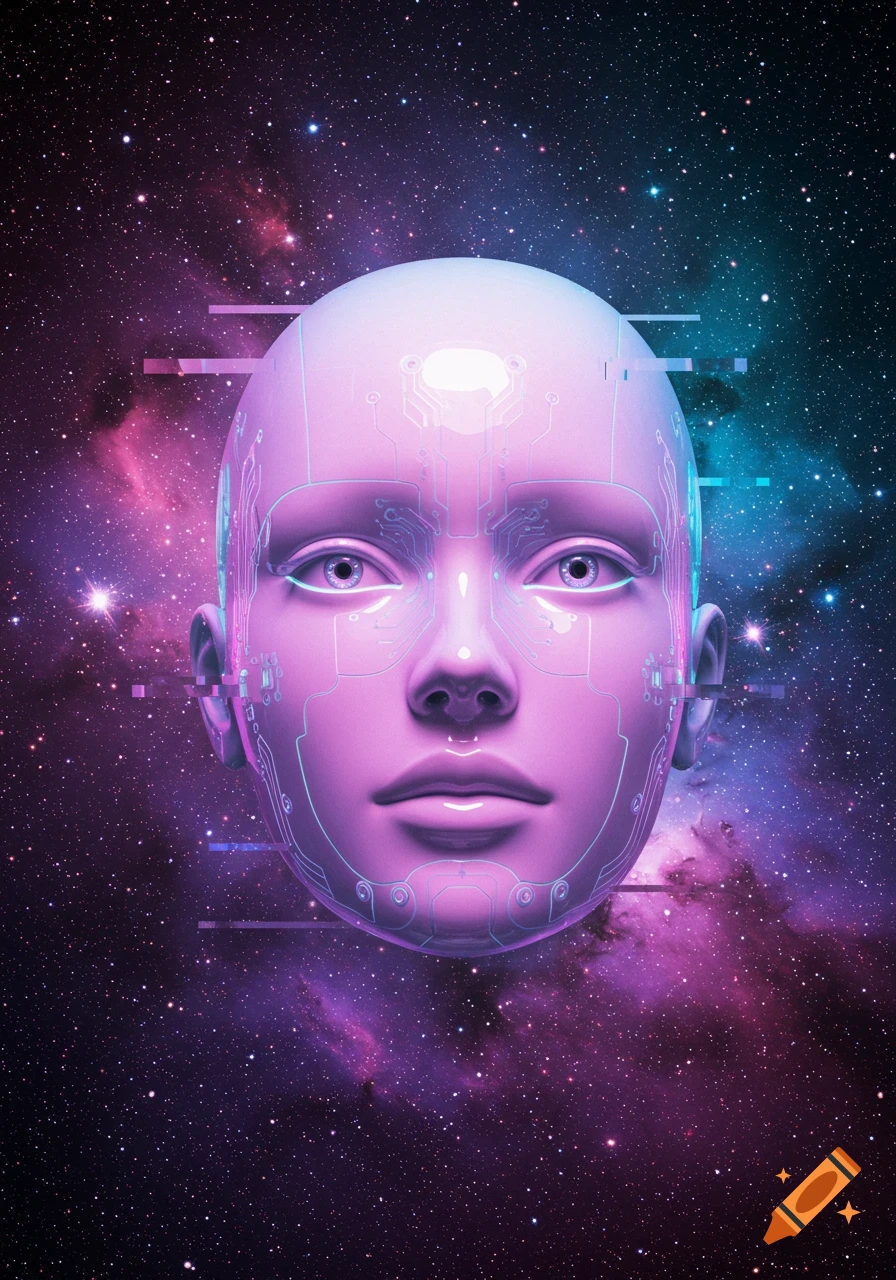 A stylized, glowing pink and purple robotic female face with circuit patterns on a starry space background.