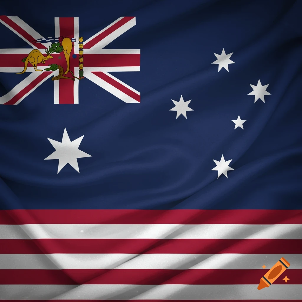 A conceptual flag combining elements of the Australian and United States flags, featuring the Union Jack, stars, and red and white stripes.
