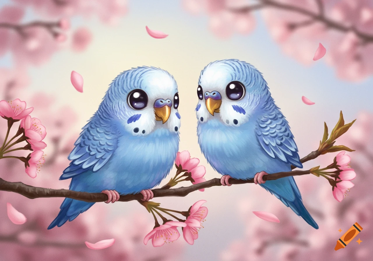 Two cute chibi blue budgies with large eyes perched on a cherry blossom branch with pink flowers and falling petals.