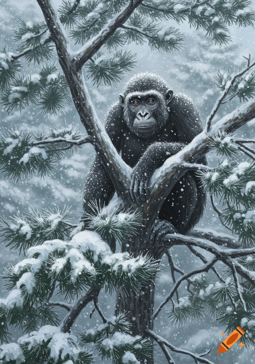 A chimpanzee sits in a snow-covered pine tree during a snowfall.