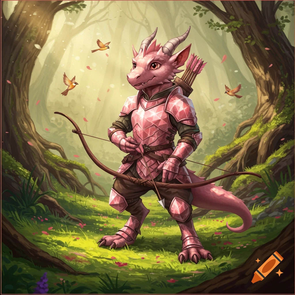 A pink kobold ranger in armor stands with a bow and arrows in a sunlit fantasy forest.