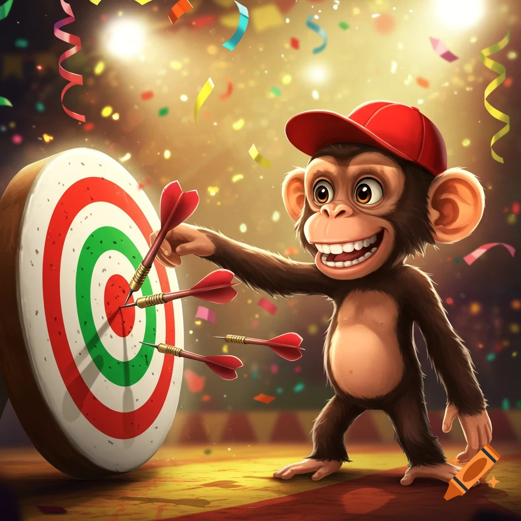 A cheerful cartoon chimpanzee in a red baseball cap throws darts at a bullseye, surrounded by falling confetti and bright lights.